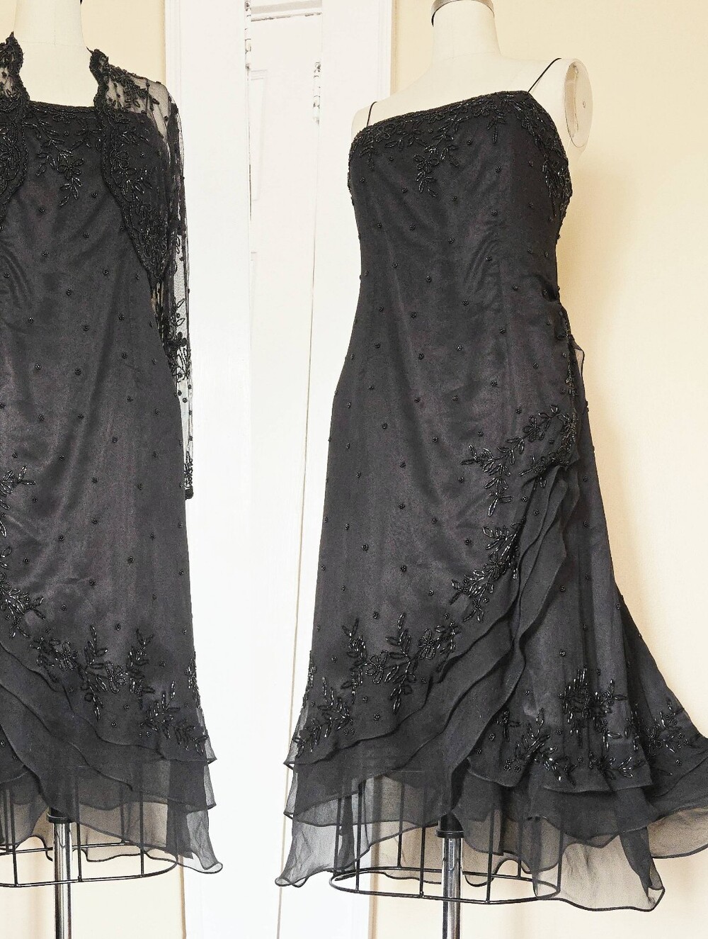 Scala black silk chiffon beaded midi dress